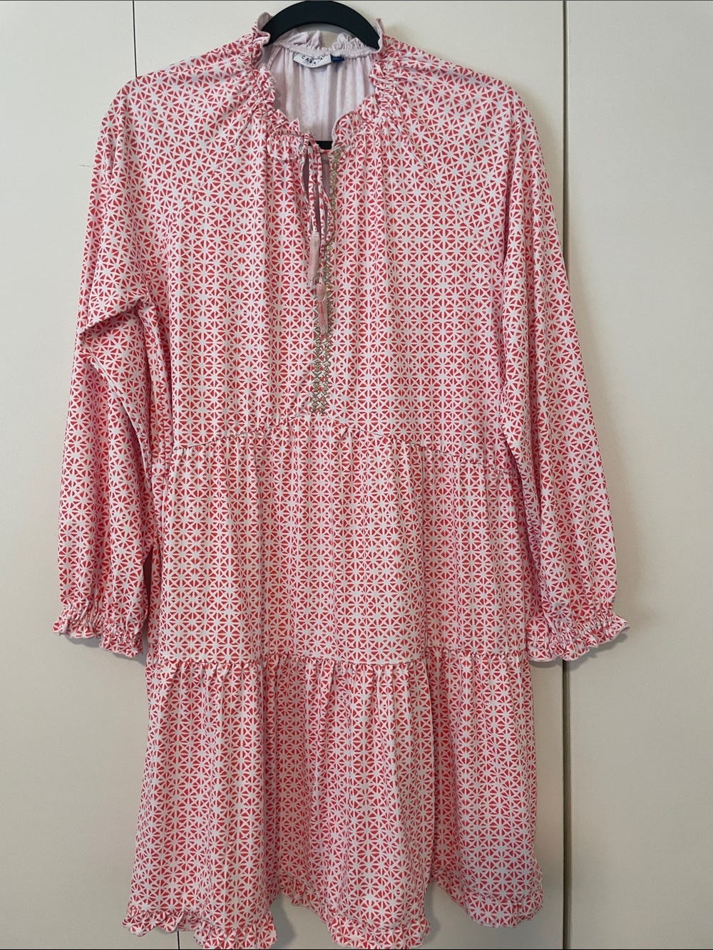 Cabana Life Pink & White Geometric Ruffle Dress UV Protection NWT